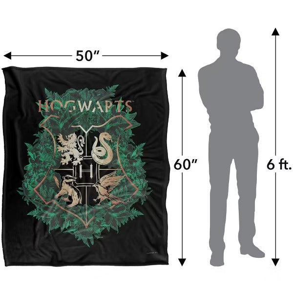 Harry Potter Hogwarts Green & Gold Floral Crest Throw Blanket – 50" x 60"