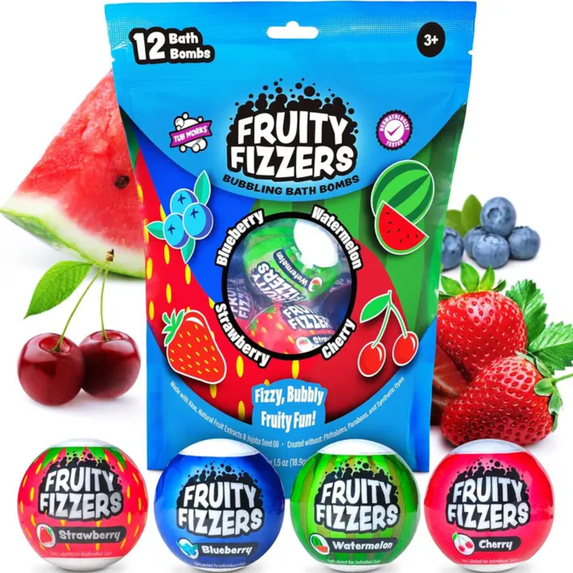 Tub Works Fruity Fizzers Bubbling Bath Bombs For Kids, Variety 12 Pack | Dye-Free & Naturally-Derived