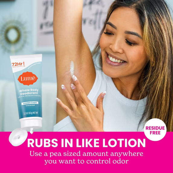 Lume Whole Body Women's Invisible Cream Tube Deodorant, Unscented, Aluminum-Free, 2.2 oz
